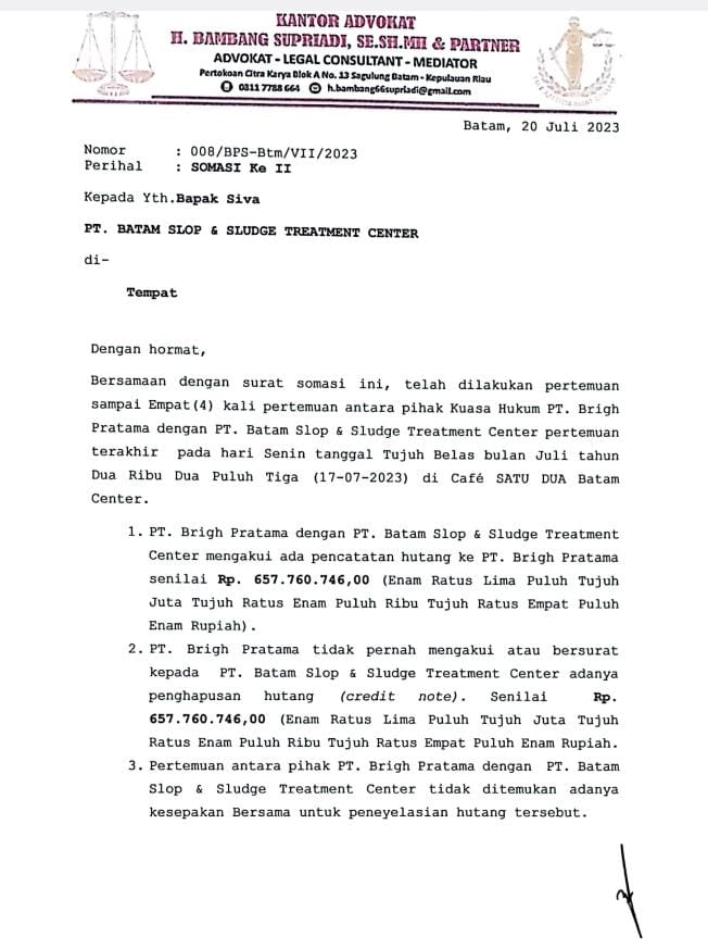 Surat Somasi yang dilayangkan Tim PH PT.Brigh Pratama