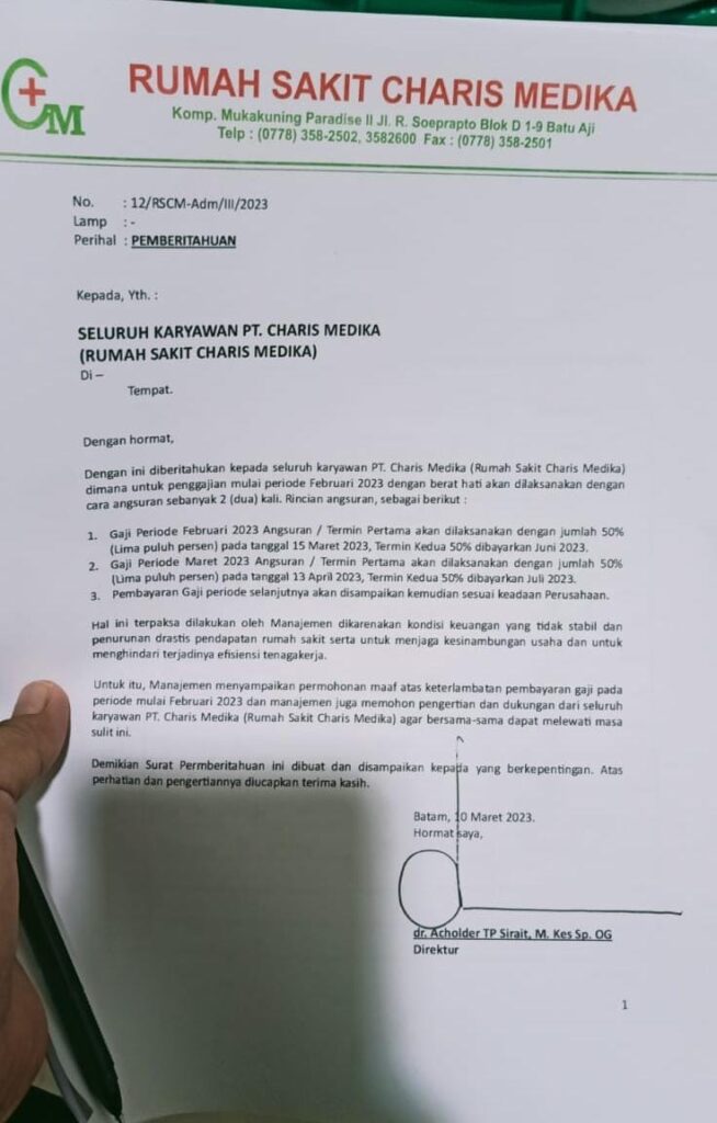 Surat Pemberitahuan dari Manajemen kepada Karyawan RS Charis Medika