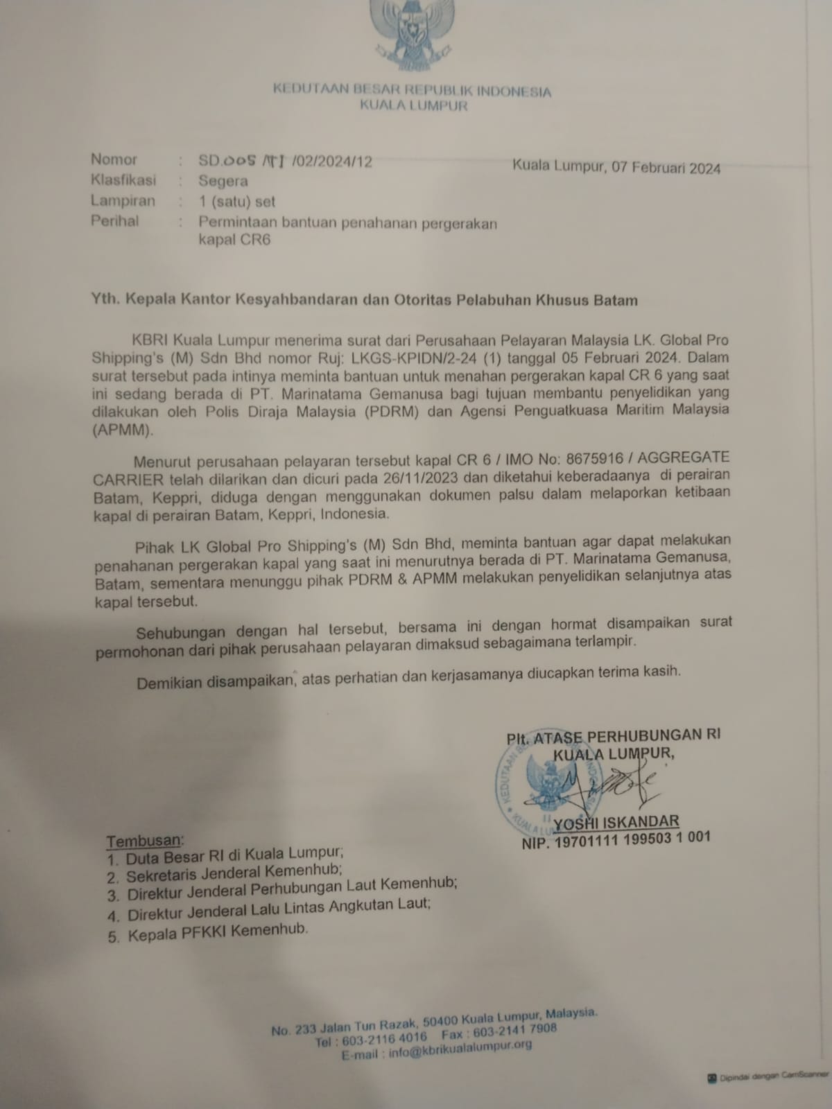 surat dari KBRI DI KUALA LUMPUR